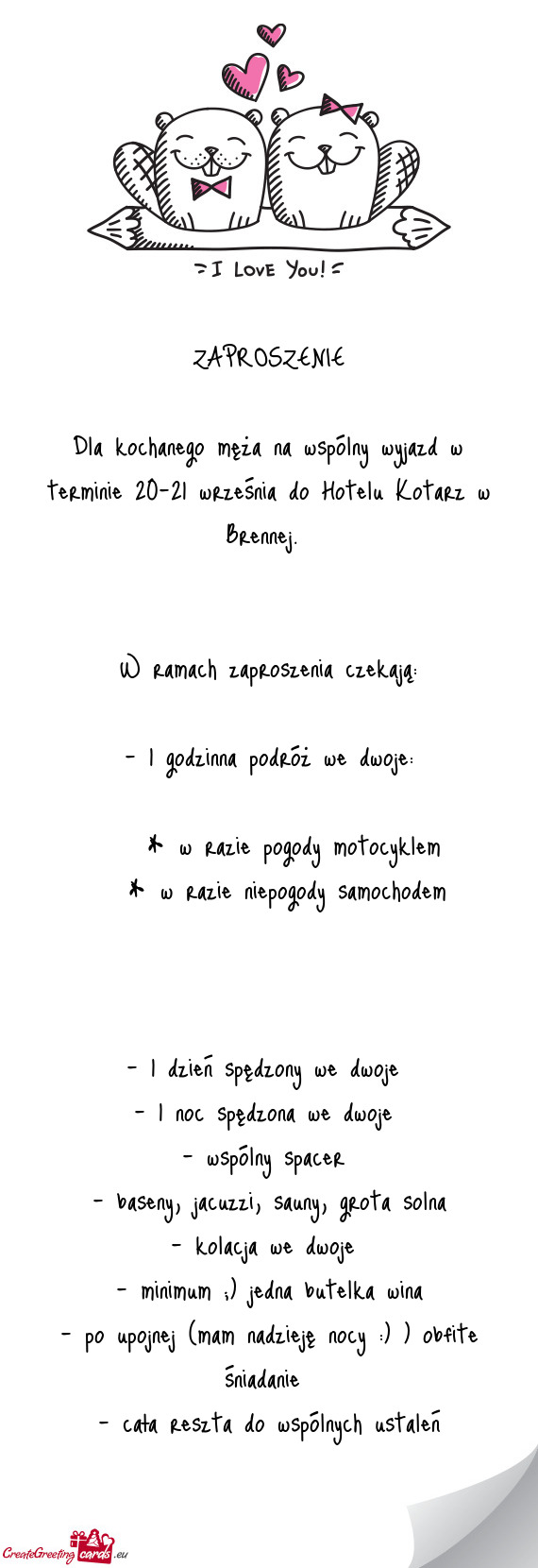 Dla kochanego męża na wspólny wyjazd w terminie 20-21 września do Hotelu Kotarz w Brennej