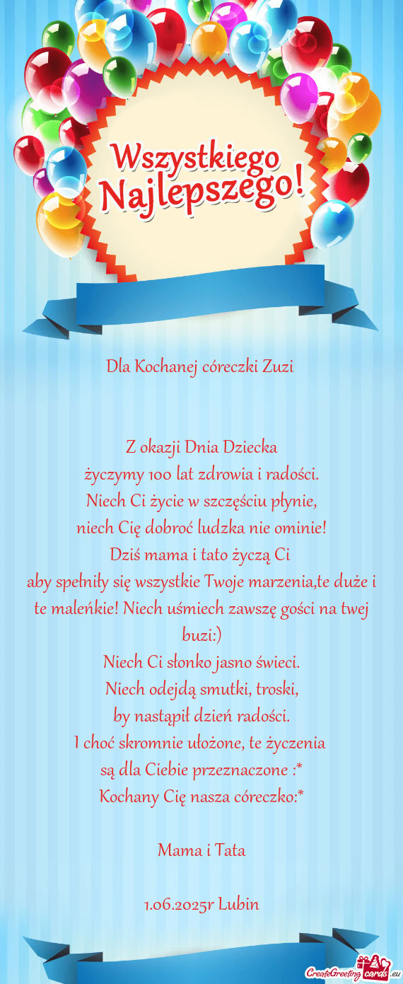 Dla Kochanej córeczki Zuzi