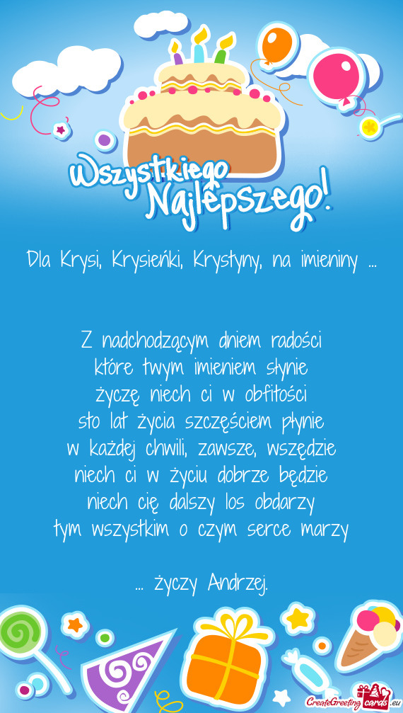 Dla Krysi, Krysieńki, Krystyny, na imieniny