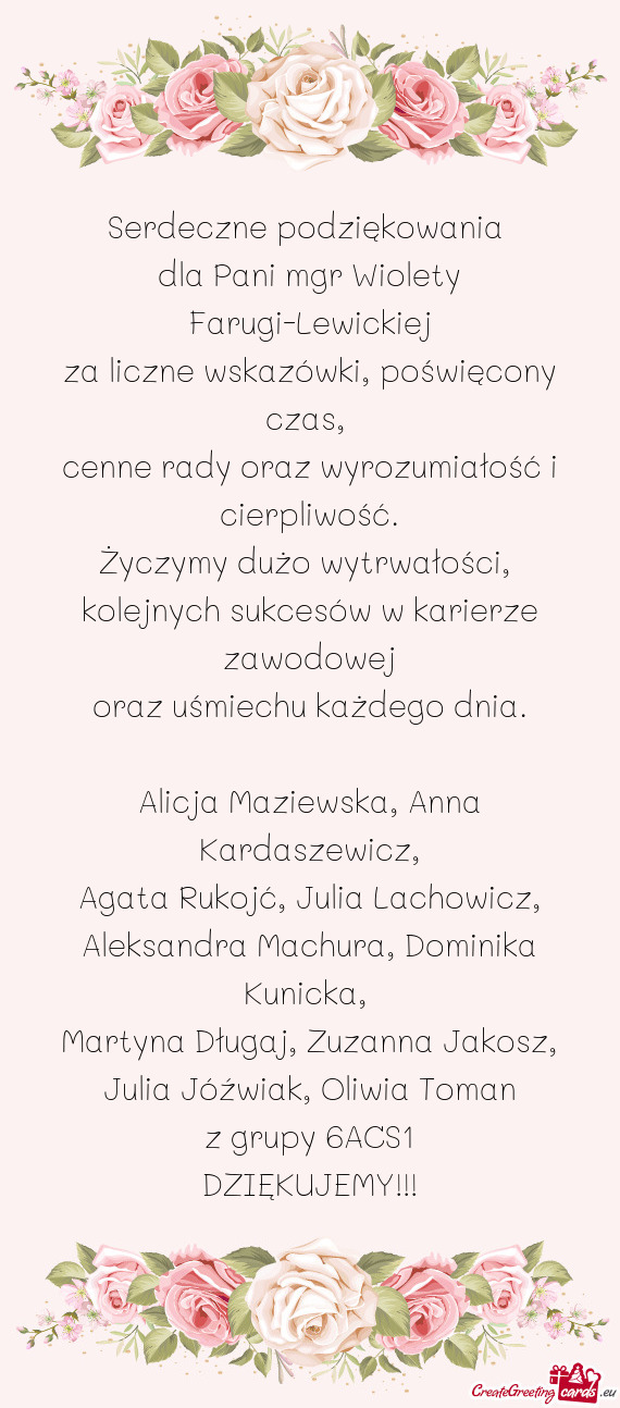 Dla Pani mgr Wiolety Farugi-Lewickiej
