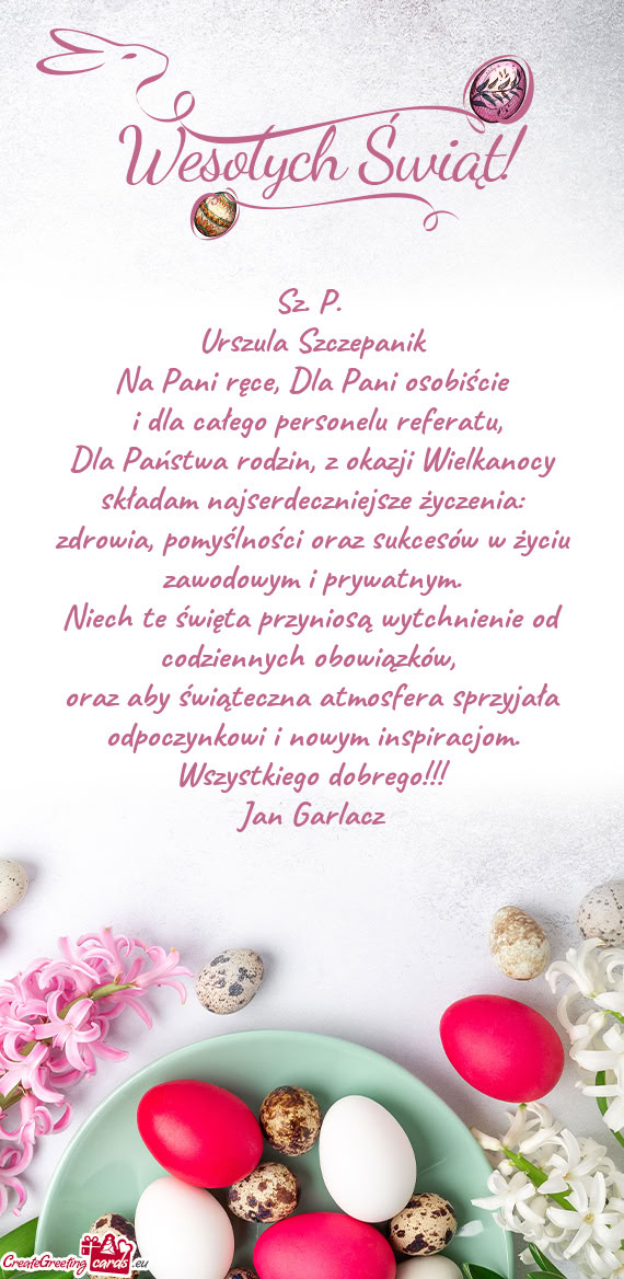 Dla Państwa rodzin, z okazji Wielkanocy