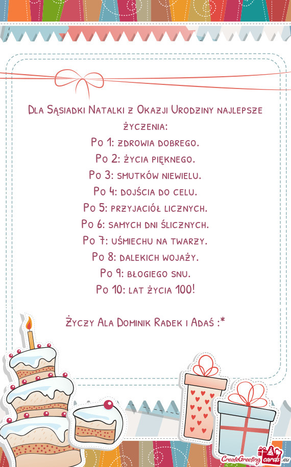 Dla Sąsiadki Natalki z Okazji Urodziny najlepsze życzenia