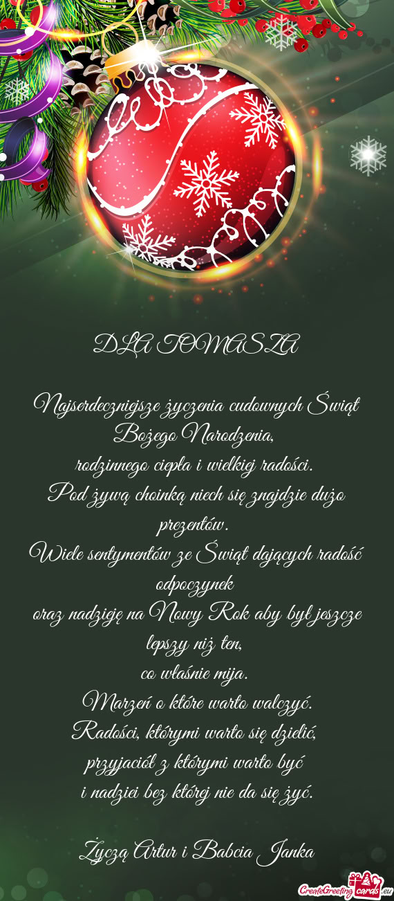 DLA TOMASZA Najserdeczniejsze życzenia cudownych Świąt Bożego Narodzenia
