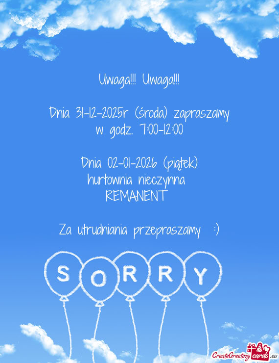 Dnia 31-12-2025r (środa) zapraszamy