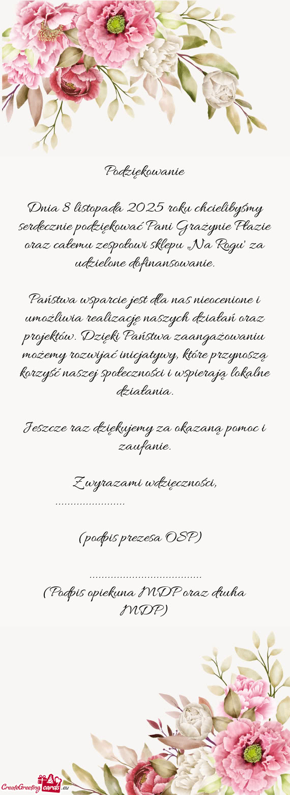 Dnia 8 listopada 2025 roku chcielibyśmy serdecznie podziękować Pani Grażynie Płazie oraz całem