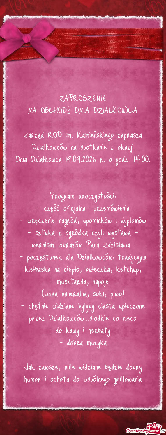 Dnia Działkowca 19.09.2026 r. o godz. 14:00