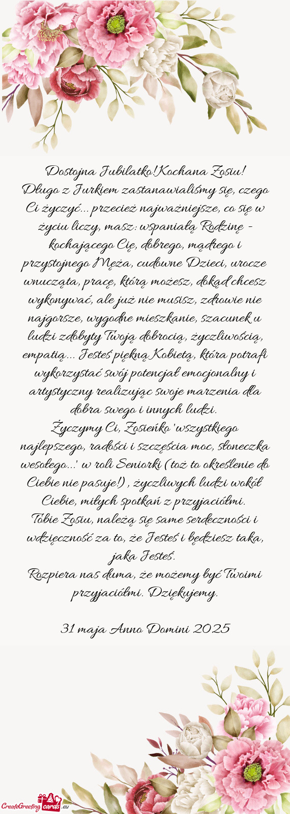 Dostojna Jubilatko! Kochana Zosiu