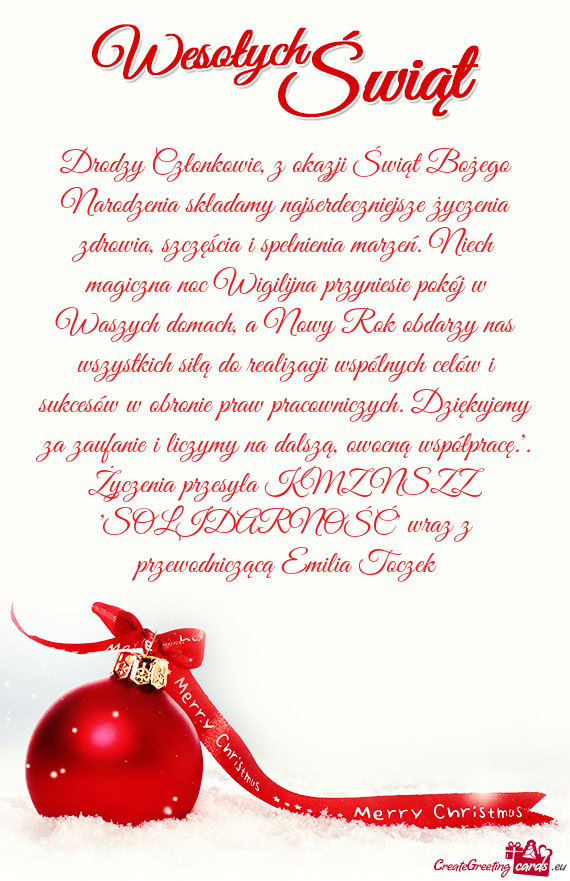 Drodzy Członkowie, z okazji Świąt Bożego Narodzenia składamy najserdeczniejsze życzenia zdrowi