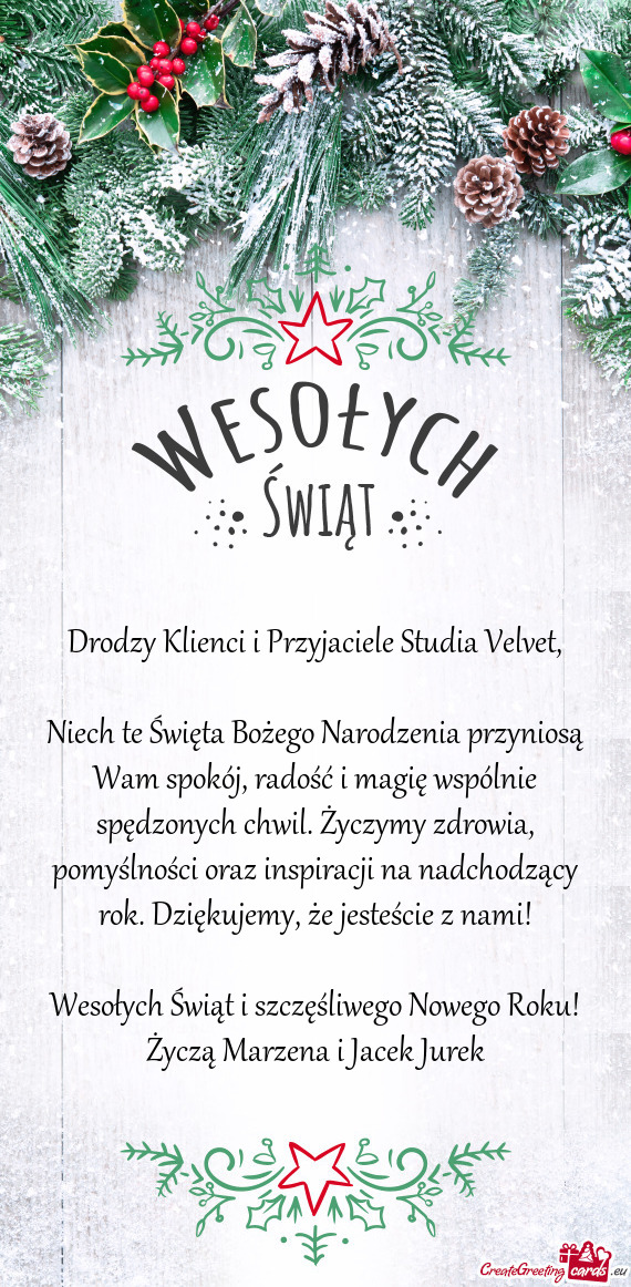 Drodzy Klienci i Przyjaciele Studia Velvet