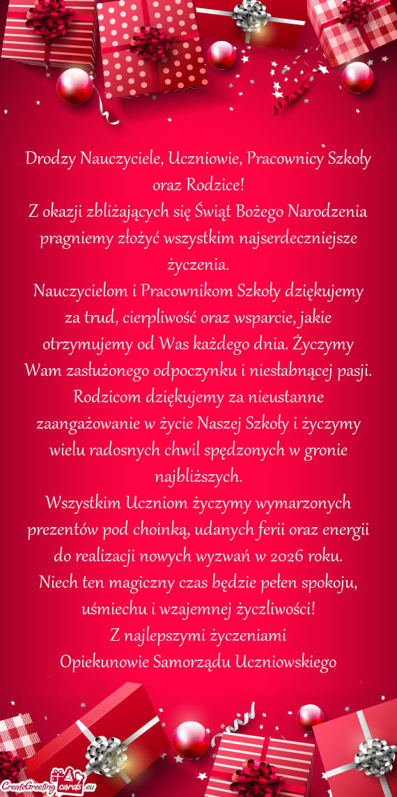 Drodzy Nauczyciele, Uczniowie, Pracownicy Szkoły oraz Rodzice