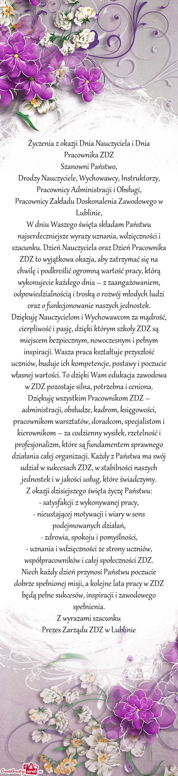 Drodzy Nauczyciele, Wychowawcy, Instruktorzy, Pracownicy Administracji i Obsługi