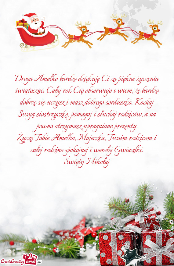 Droga Amelko bardzo dziękuję Ci za piękne życzenia świąteczne. Cały rok Cię obserwuje i wiem