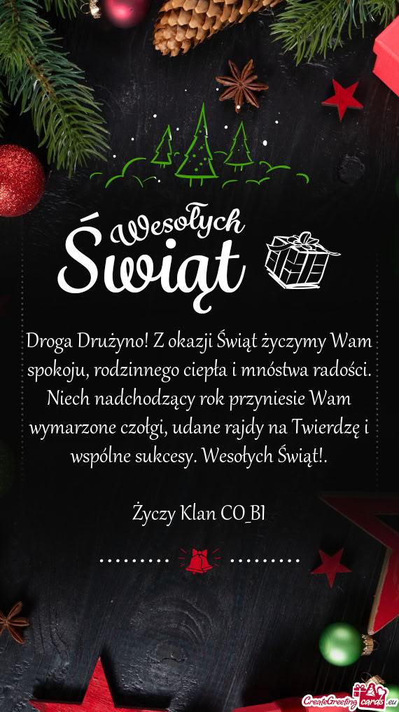Droga Drużyno! Z okazji Świąt życzymy Wam spokoju, rodzinnego ciepła i mnóstwa radości. Niech