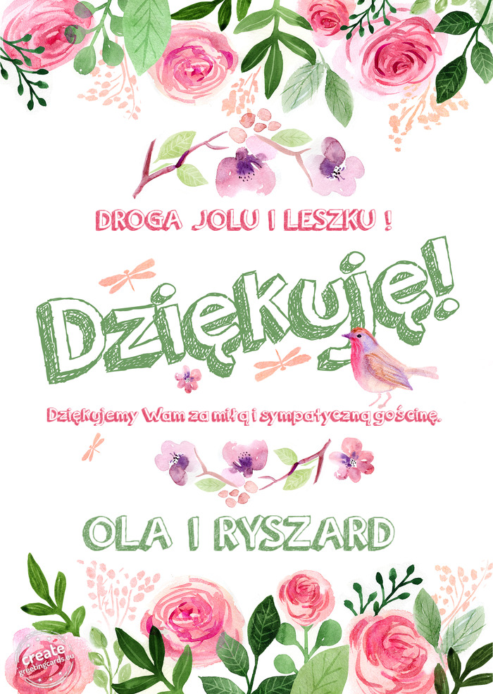 DROGA JOLU I LESZKU ! Dziękuje Dziękujemy Wam za miłą i sympatyczną gościnę. OLA I RYS