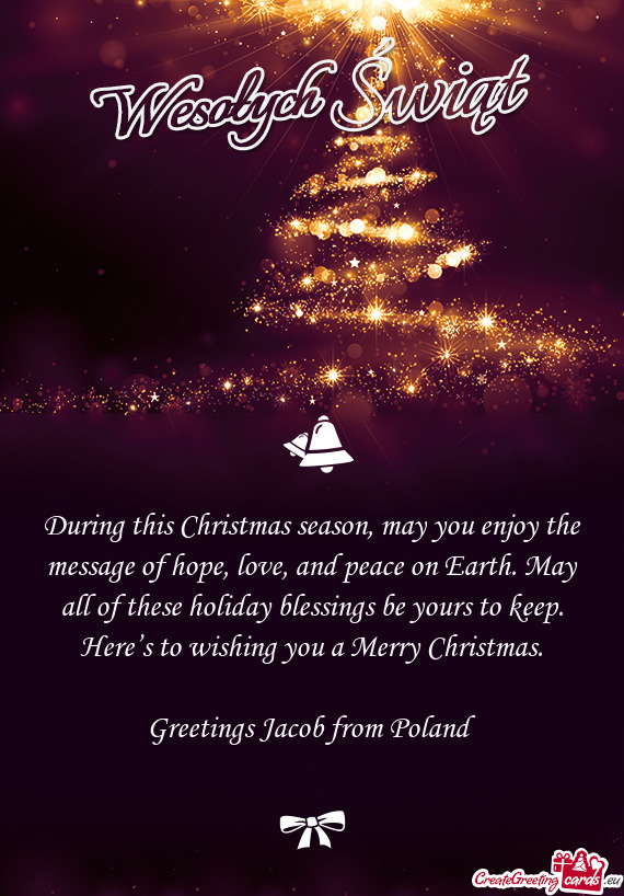 During this Christmas season, may you enjoy the message of hope, love, and peace on Earth. May all o