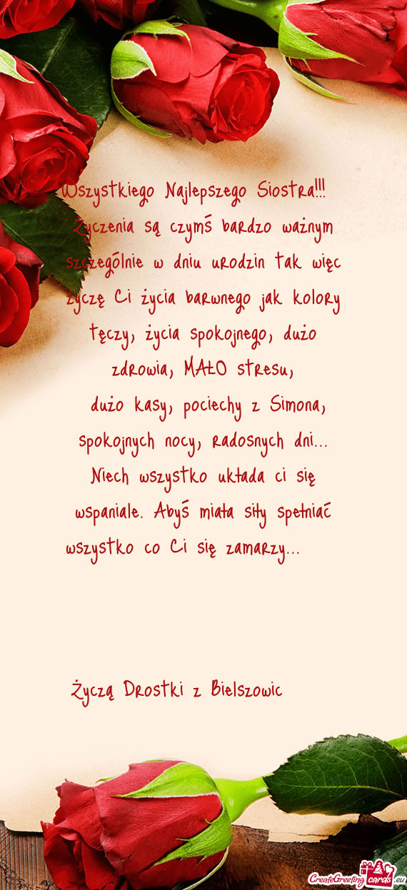 Dużo kasy, pociechy z Simona, spokojnych nocy, radosnych dni... Niech wszystko układa ci się wsp