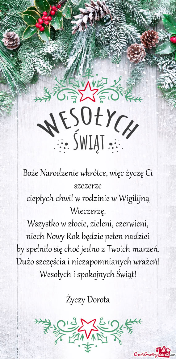 Dużo szczęścia i niezapomnianych wrażeń! Wesołych i spokojnych Świąt! Dorota