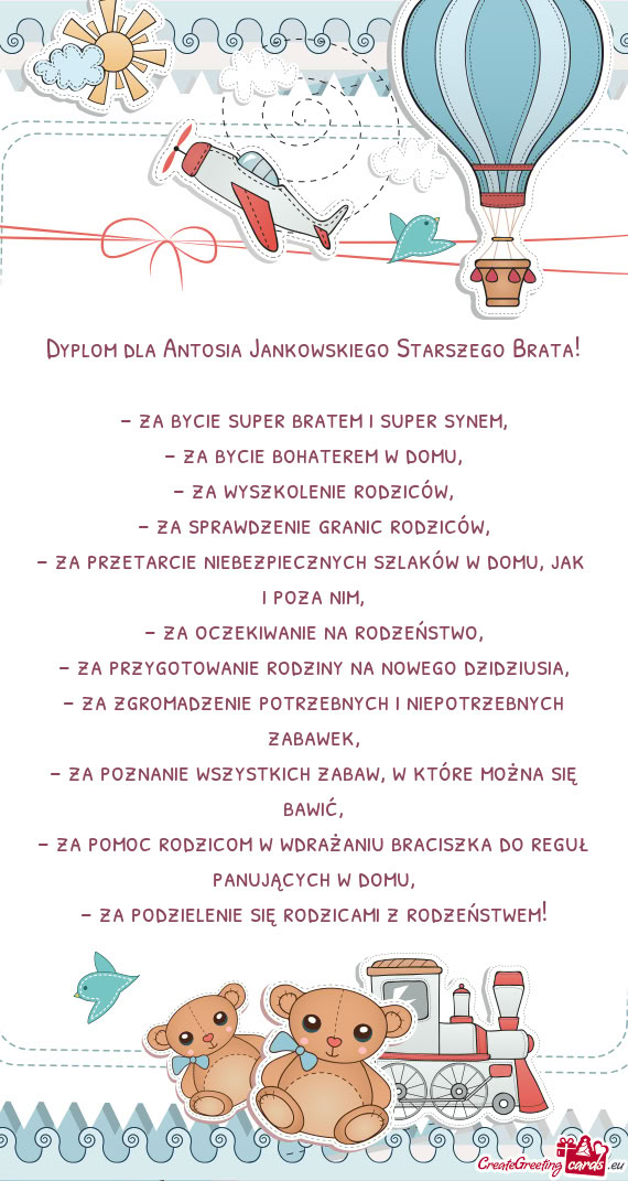 Dyplom dla Antosia Jankowskiego Starszego Brata
