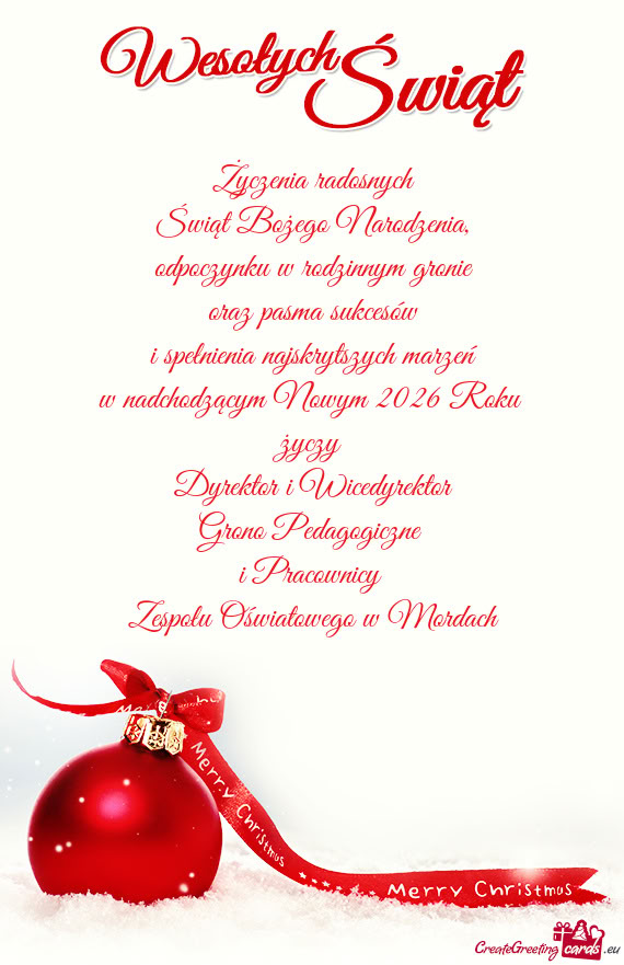 Dzącym Nowym 2026 Roku  Dyrektor i Wicedyrektor Grono Pedagogiczne i Pracownicy Zesp