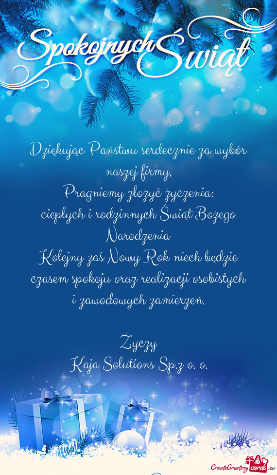 Dziękując Państwu serdecznie za wybór naszej firmy,  Pragniemy złożyć