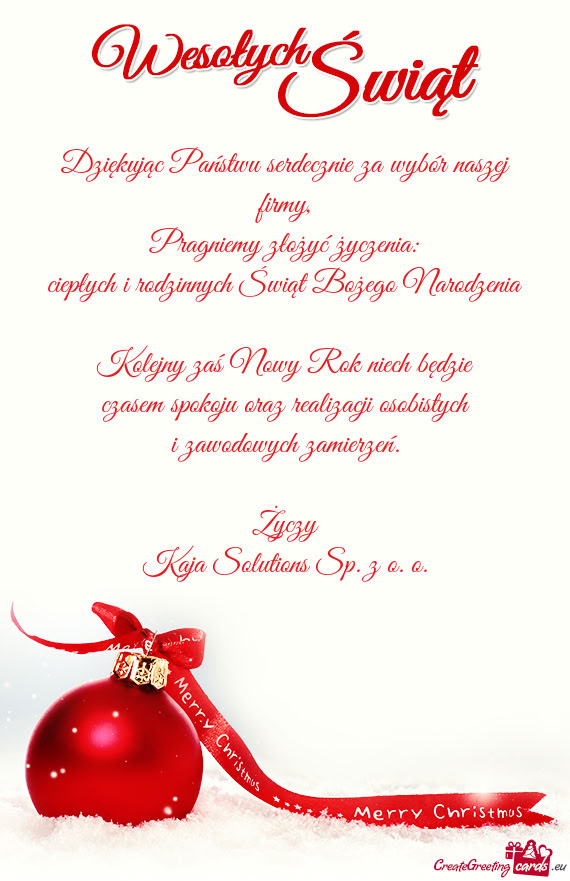 Dziękując Państwu serdecznie za wybór naszej firmy,  Pragniemy złożyć