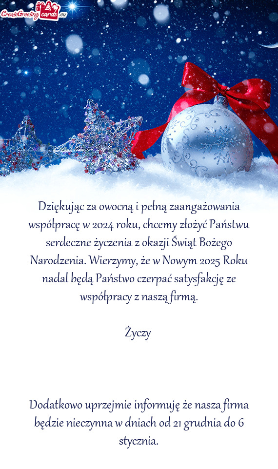 Dziękując za owocną i pełną zaangażowania współpracę w 2024 roku, chcemy złożyć Państwu