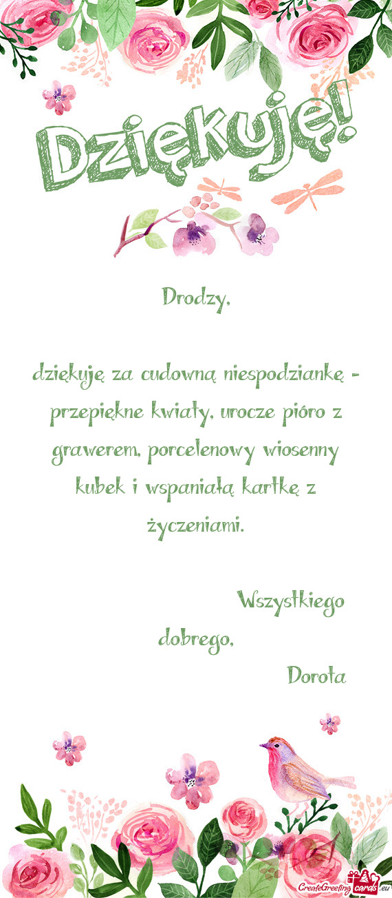 Dziękuję za cudowną niespodziankę - przepiękne kwiaty, urocze pióro z grawerem, porcelenowy wi