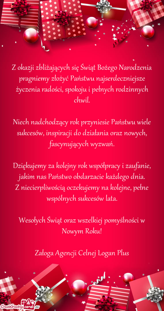 Dziękujemy za kolejny rok współpracy i zaufanie, jakim nas Państwo obdarzacie każdego dnia