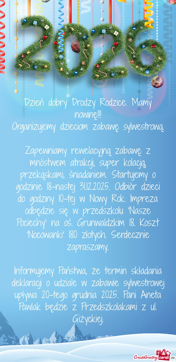 Dzień dobry Drodzy Rodzice. Mamy nowinę