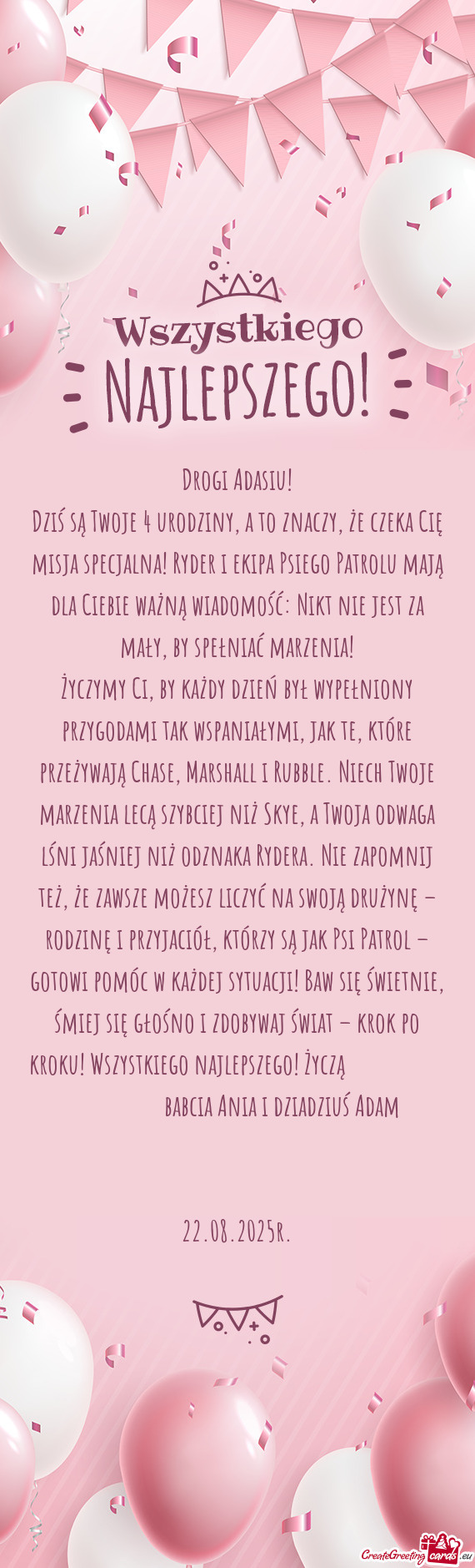 Dziś są Twoje 4 urodziny, a to znaczy, że czeka Cię misja specjalna! Ryder i ekipa Psiego Patrol