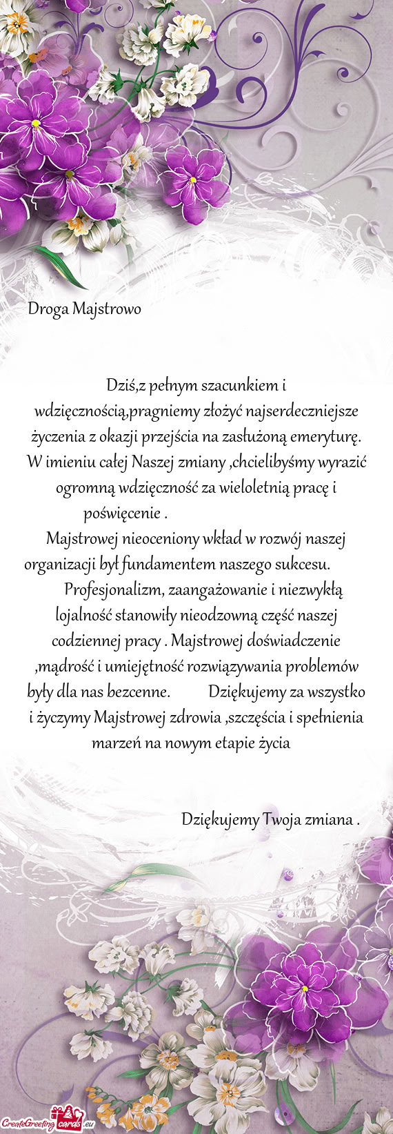 Dziś,z pełnym szacunkiem i wdzięcznością,pragniemy złożyć najserdeczniejsze życzenia z okaz