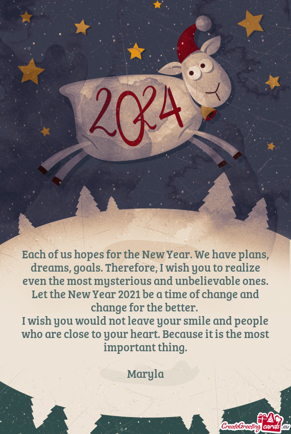Each of us hopes for the New Year. We have plans, dreams, goals. Therefore, I wish you to realize ev