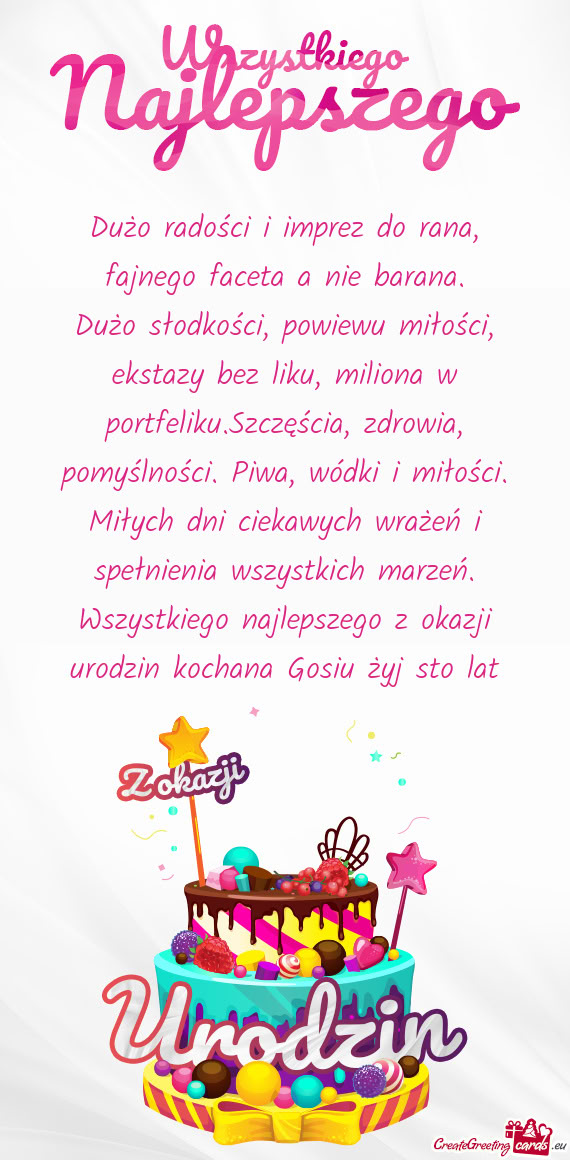 Ekstazy bez liku, miliona w portfeliku.Szczęścia, zdrowia, pomyślności. Piwa, wódki i miłości
