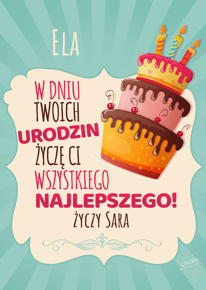 Ela, w dniu Twoich urodzin życzę Ci wszystkiego najlepszego. Sara