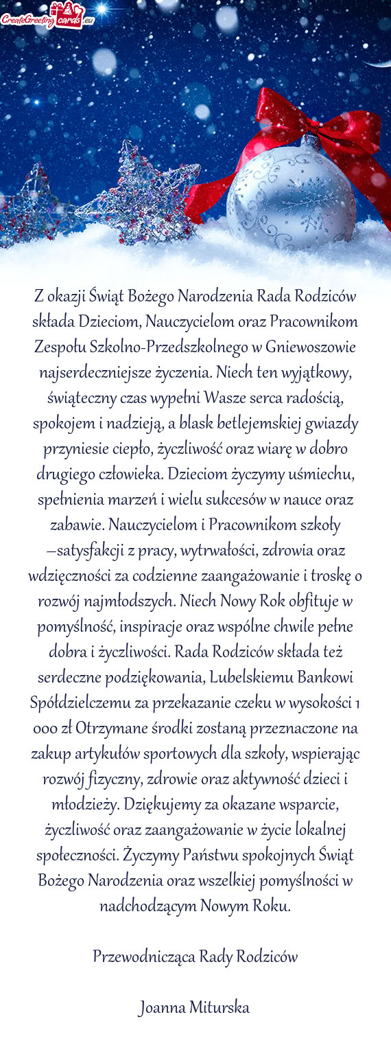 Espołu Szkolno-Przedszkolnego w Gniewoszowie najserdeczniejsze życzenia. Niech ten wyjątkowy, św