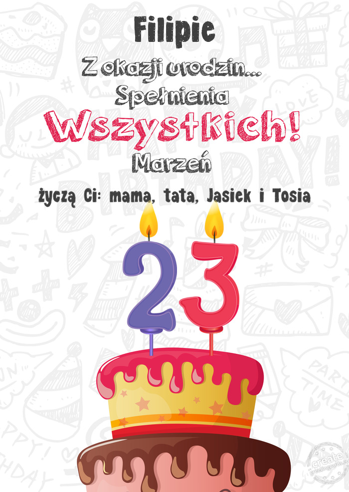 Filipie Kartka z okazji 23 urodzin, życzą Ci: mama, tata, Jasiek i Tosia
