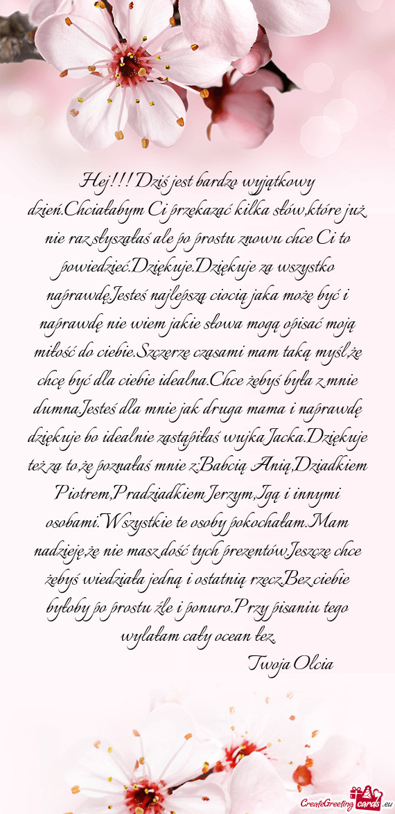 Hej!!! Dziś jest bardzo wyjątkowy dzień.Chciałabym Ci przekazać kilka słów,które już nie ra