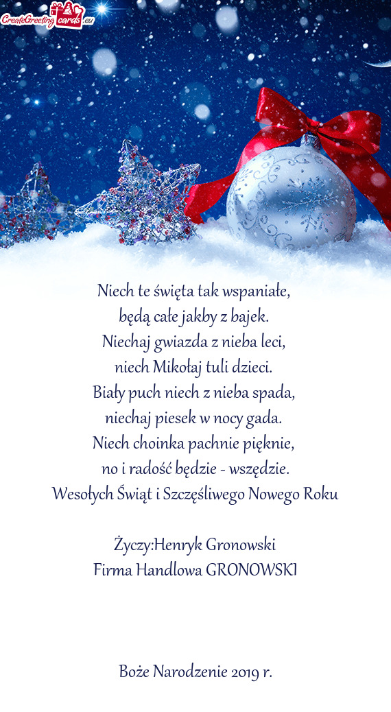 Henryk Gronowski Firma Handlowa GRONOWSKI  Boże Narodzenie 2019 r