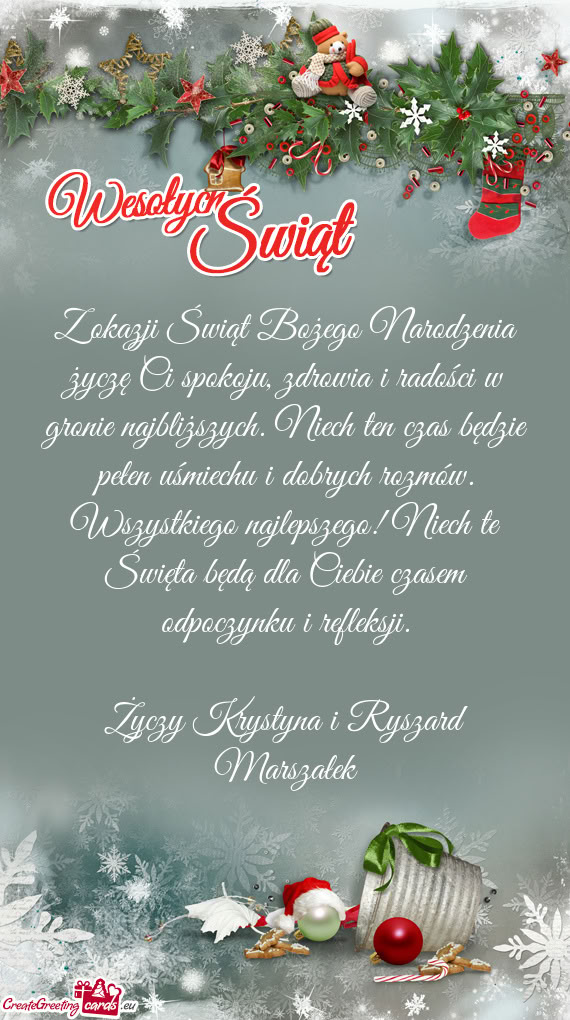 Iech ten czas będzie pełen uśmiechu i dobrych rozmów. Wszystkiego najlepszego! Niech te Święta