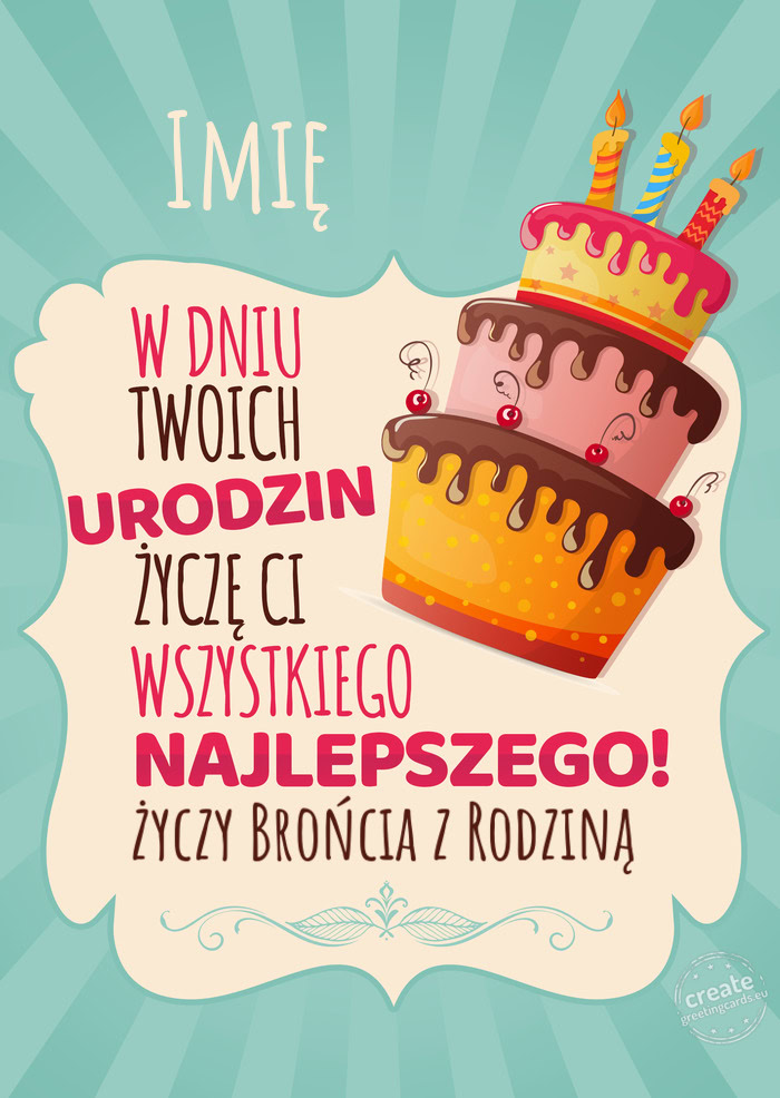 Imię, w dniu Twoich urodzin życzę Ci wszystkiego najlepszego. Brońcia z Rodziną