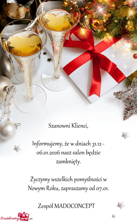 Informujemy, że w dniach 31.12 - 06.01.2026 nasz salon będzie zamknięty