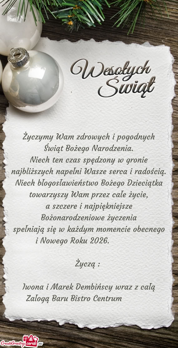 Iwona i Marek Dembińscy wraz z całą Załogą Baru Bistro Centrum ❤️🎄🎅