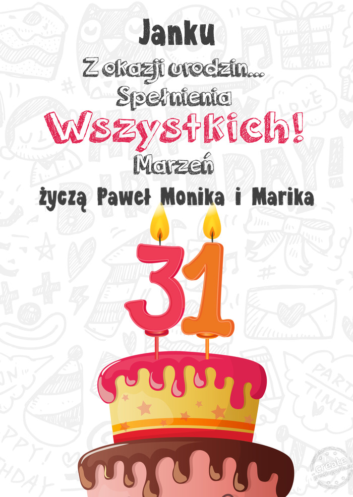 Janku Kartka z okazji 31 urodzin, życzą Paweł Monika i Marika