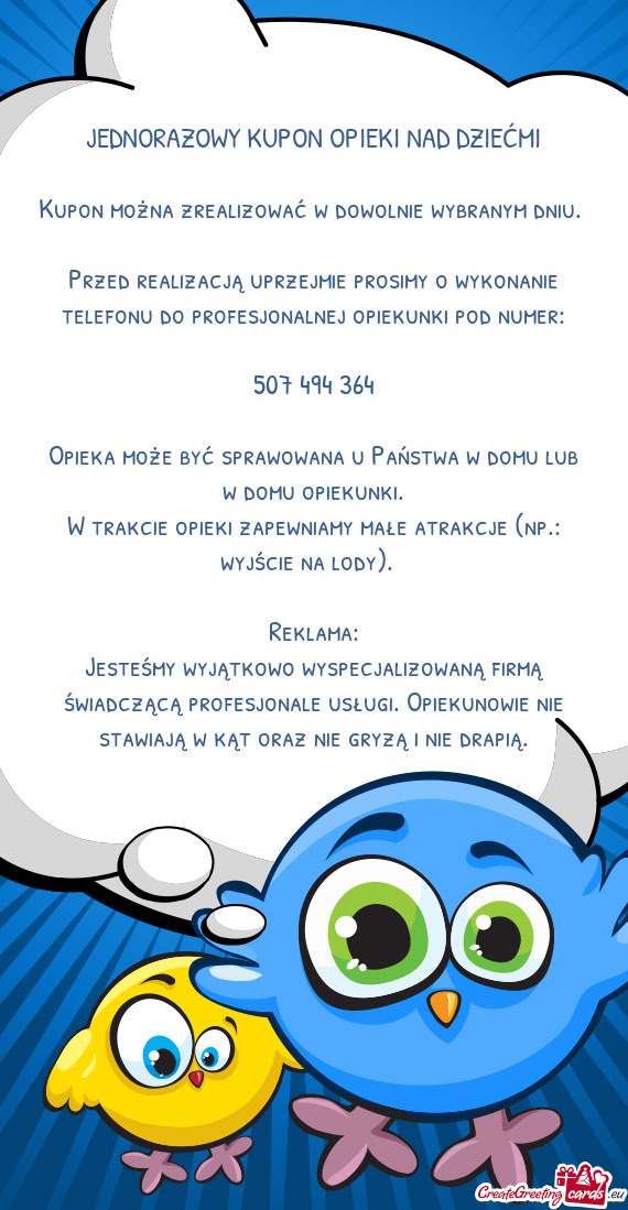 JEDNORAZOWY KUPON OPIEKI NAD DZIEĆMI