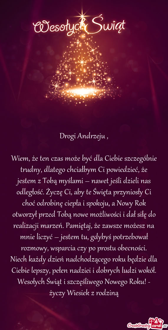 Jestem z Tobą myślami – nawet jeśli dzieli nas odległość. Życzę Ci, aby te Święta przyn
