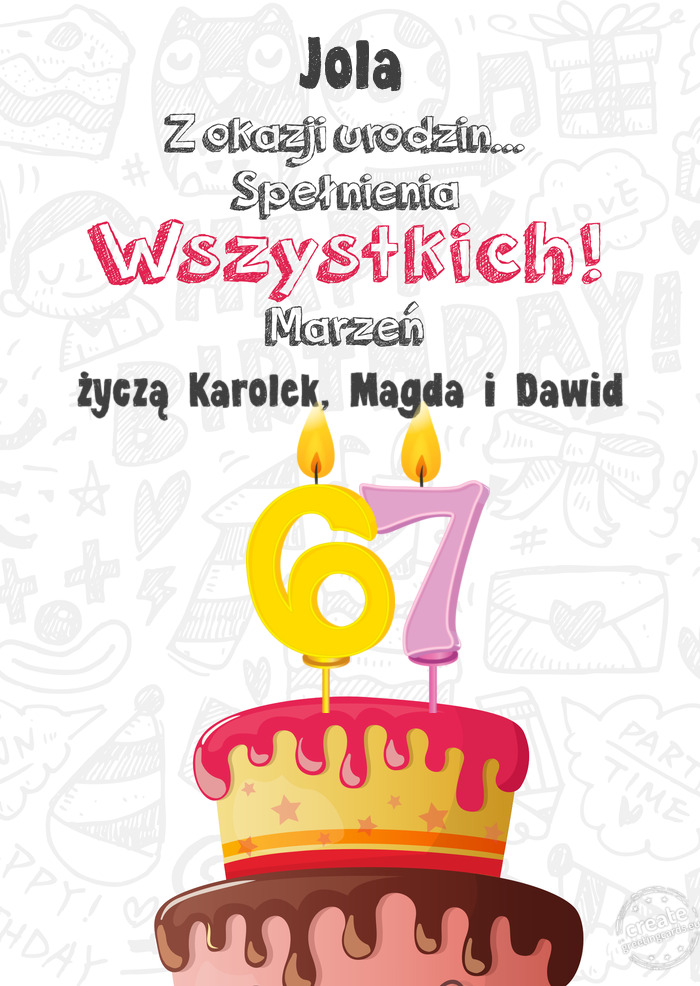 Jola Kartka z okazji 67 urodzin, życzą Karolek, Magda i Dawid
