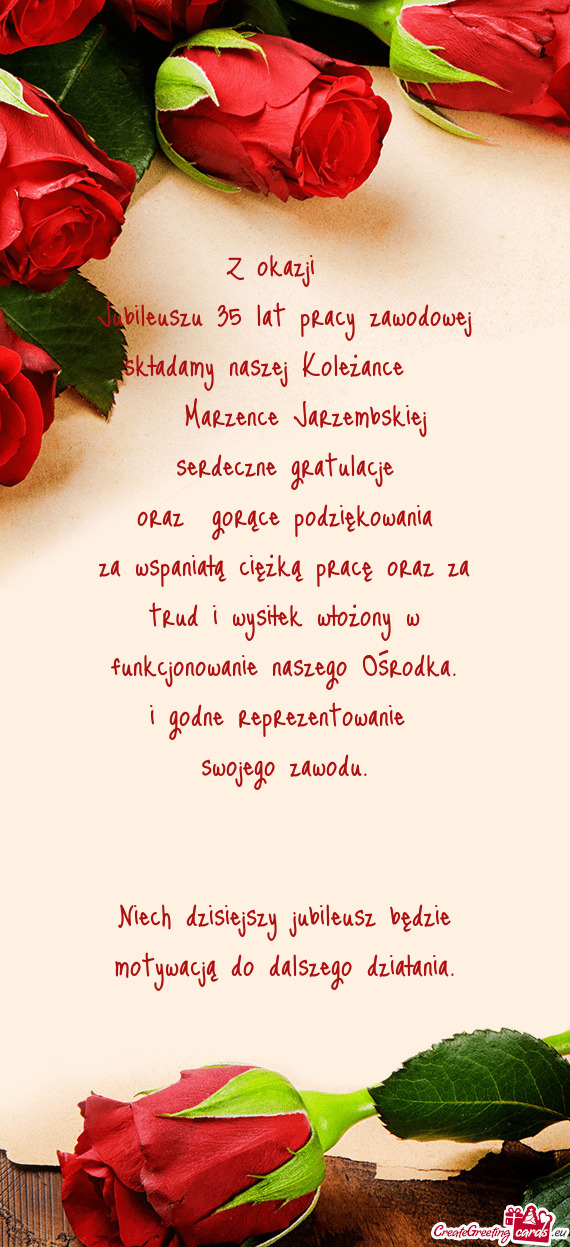 Jubileuszu 35 lat pracy zawodowej składamy naszej Koleżance
