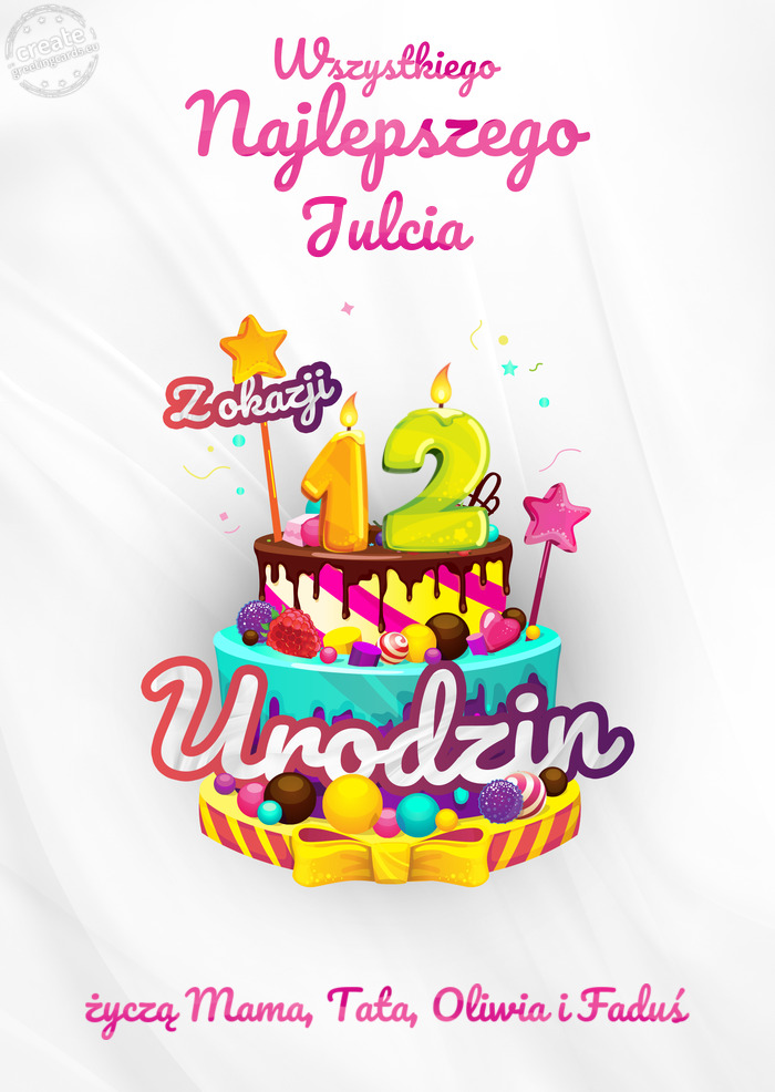 Julcia, Wszystkiego najlepszego z okazji 12 urodzin życzą Mama, Tata, Oliwia i Faduś