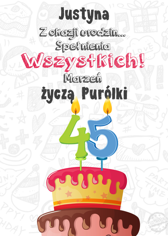 Justyna Kartka z okazji 45 urodzin, życzą Purólki