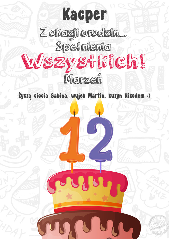 Kacper Kartka z okazji 12 urodzin, Życzą ciocia Sabina, wujek Martin, kuzyn Nikodem :)